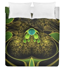 Beautiful Gold And Green Fractal Peacock Feathers Duvet Cover Double Side (queen Size) by jayaprime