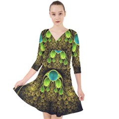 Beautiful Gold And Green Fractal Peacock Feathers Quarter Sleeve Front Wrap Dress	 by jayaprime