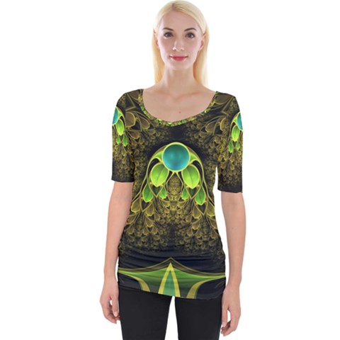 Beautiful Gold And Green Fractal Peacock Feathers Wide Neckline Tee by jayaprime