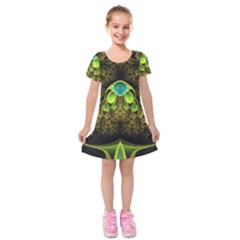 Beautiful Gold And Green Fractal Peacock Feathers Kids  Short Sleeve Velvet Dress by jayaprime