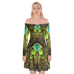 Beautiful Gold And Green Fractal Peacock Feathers Off Shoulder Skater Dress by jayaprime