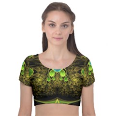 Beautiful Gold And Green Fractal Peacock Feathers Velvet Crop Top by jayaprime