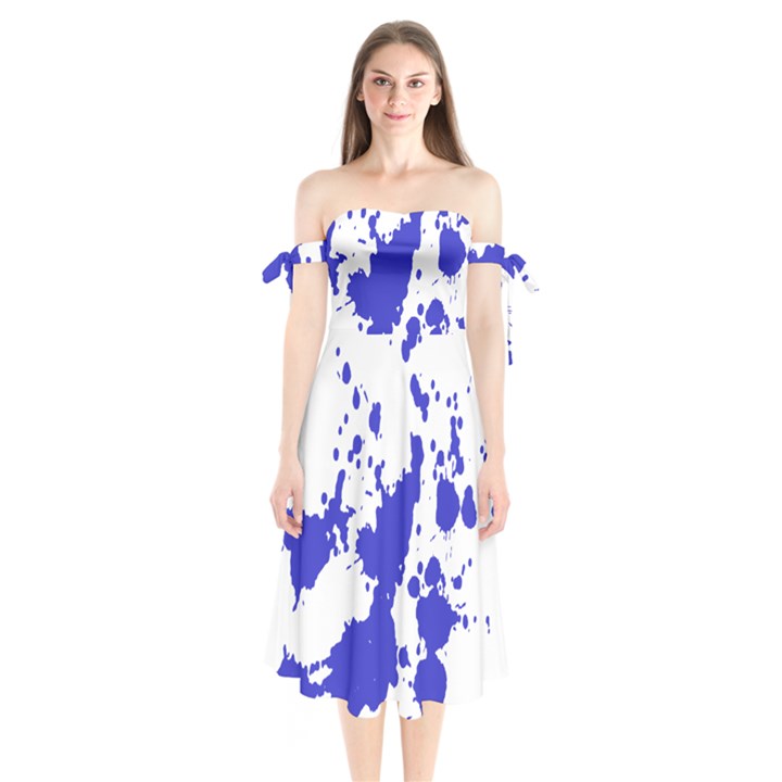 Blue Plaint Splatter Shoulder Tie Bardot Midi Dress