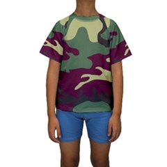 Camuflage Flag Green Purple Grey Kids  Short Sleeve Swimwear