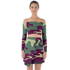 Camuflage Flag Green Purple Grey Off Shoulder Top With Skirt Set