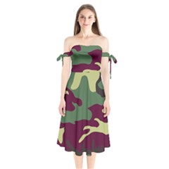 Camuflage Flag Green Purple Grey Shoulder Tie Bardot Midi Dress by Mariart