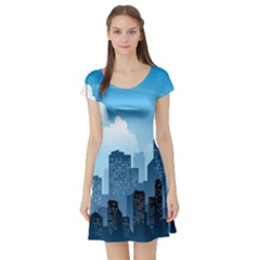 City Building Blue Sky Short Sleeve Skater Dress