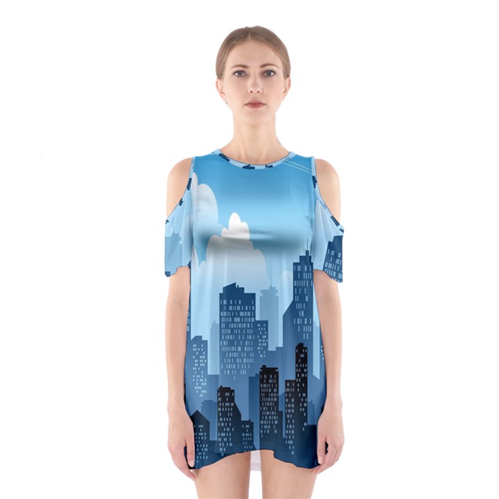 City Building Blue Sky Shoulder Cutout One Piece