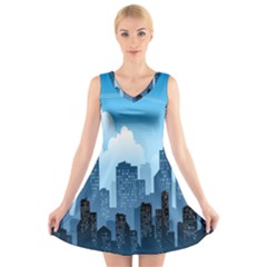 City Building Blue Sky V-neck Sleeveless Skater Dress by Mariart