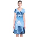 City Building Blue Sky Short Sleeve Front Wrap Dress View1