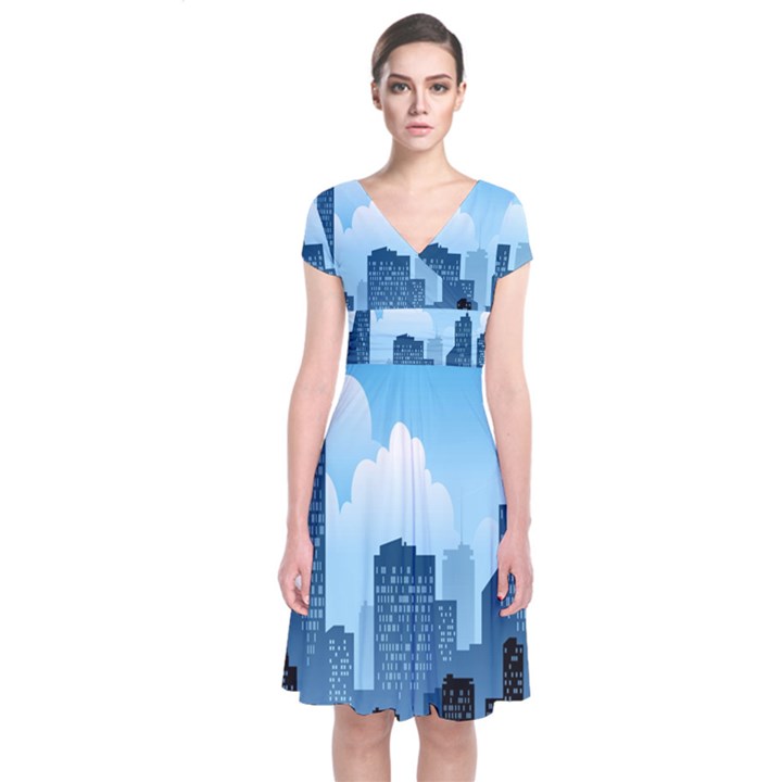 City Building Blue Sky Short Sleeve Front Wrap Dress