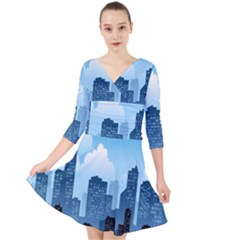 City Building Blue Sky Quarter Sleeve Front Wrap Dress	 by Mariart