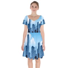 City Building Blue Sky Short Sleeve Bardot Dress by Mariart