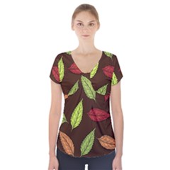 Autumn Leaves Pattern Short Sleeve Front Detail Top by Mariart