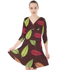 Autumn Leaves Pattern Quarter Sleeve Front Wrap Dress	