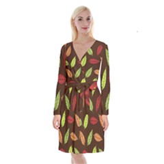 Autumn Leaves Pattern Long Sleeve Velvet Front Wrap Dress