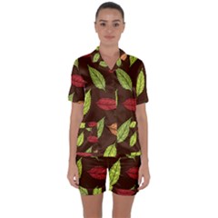 Autumn Leaves Pattern Satin Short Sleeve Pyjamas Set by Mariart