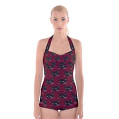 Face Cat Animals Red Boyleg Halter Swimsuit 