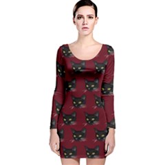 Face Cat Animals Red Long Sleeve Velvet Bodycon Dress