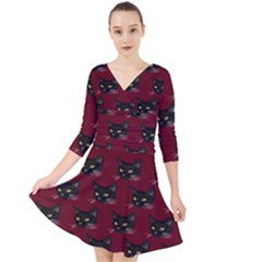 Face Cat Animals Red Quarter Sleeve Front Wrap Dress	