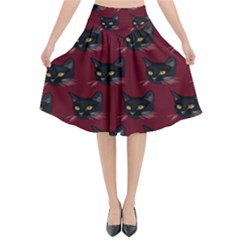 Face Cat Animals Red Flared Midi Skirt