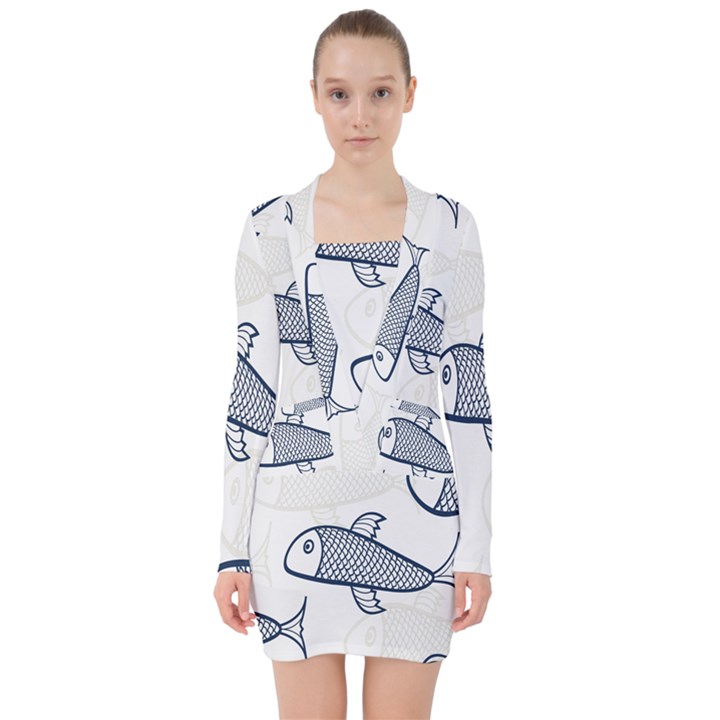 Fish Graphic Flooring Blue Seaworld Swim Water V-neck Bodycon Long Sleeve Dress