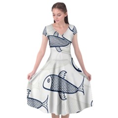 Fish Graphic Flooring Blue Seaworld Swim Water Cap Sleeve Wrap Front Dress