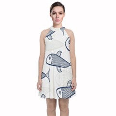 Fish Graphic Flooring Blue Seaworld Swim Water Velvet Halter Neckline Dress 