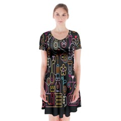 Features Illustration Short Sleeve V-neck Flare Dress