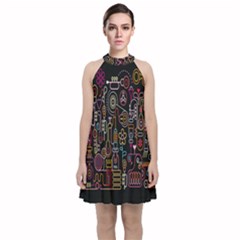 Features Illustration Velvet Halter Neckline Dress 