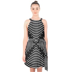 Gold Wave Seamless Pattern Black Hole Halter Collar Waist Tie Chiffon Dress