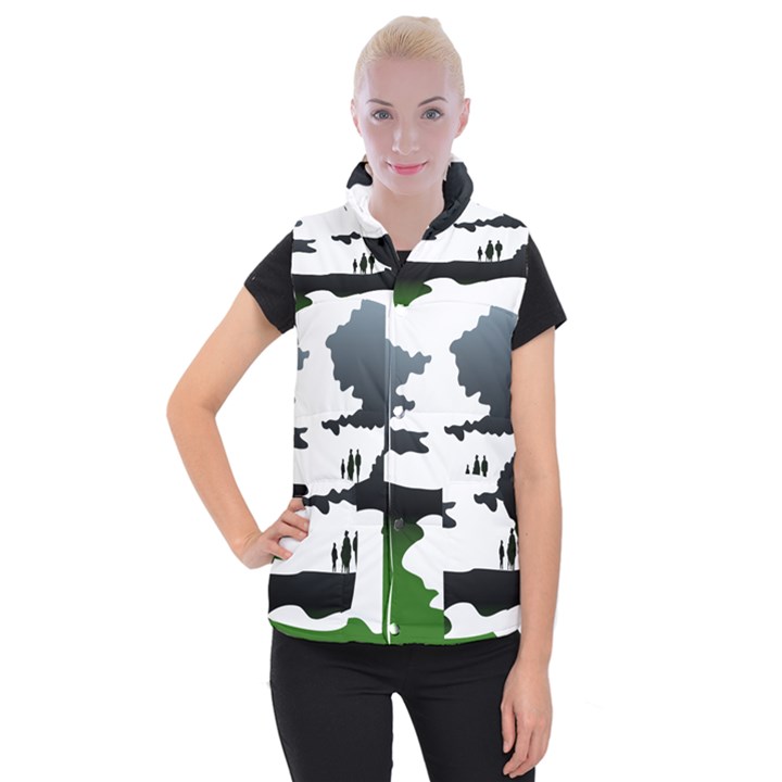 Landscape Silhouette Clipart Kid Abstract Family Natural Green White Women s Button Up Puffer Vest