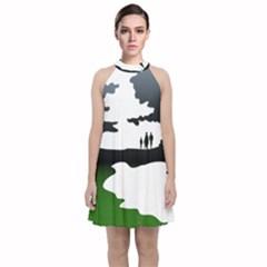 Landscape Silhouette Clipart Kid Abstract Family Natural Green White Velvet Halter Neckline Dress 