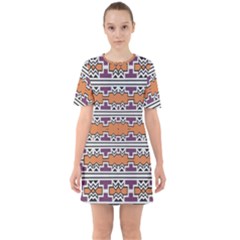 Purple And Brown Shapes                                     Sixties Short Sleeve Mini Dress