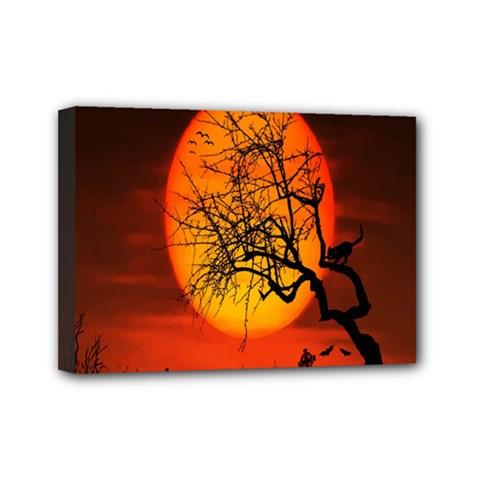 Helloween Midnight Graveyard Silhouette Mini Canvas 7  X 5 