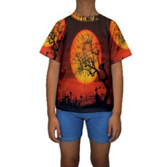 Helloween Midnight Graveyard Silhouette Kids  Short Sleeve Swimwear