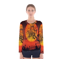 Helloween Midnight Graveyard Silhouette Women s Long Sleeve Tee