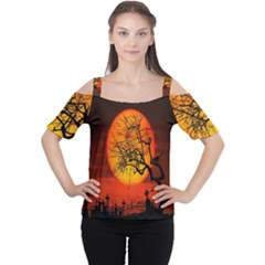 Helloween Midnight Graveyard Silhouette Cutout Shoulder Tee