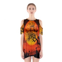 Helloween Midnight Graveyard Silhouette Shoulder Cutout One Piece by Mariart