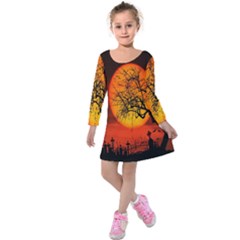 Helloween Midnight Graveyard Silhouette Kids  Long Sleeve Velvet Dress by Mariart