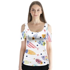 Love Fish Seaworld Swim Blue White Sea Water Cartoons Rainbow Butterfly Sleeve Cutout Tee 