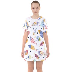 Love Fish Seaworld Swim Blue White Sea Water Cartoons Rainbow Sixties Short Sleeve Mini Dress