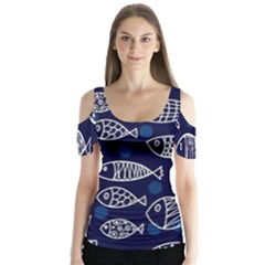 Love Fish Seaworld Swim Blue White Sea Water Cartoons Butterfly Sleeve Cutout Tee 