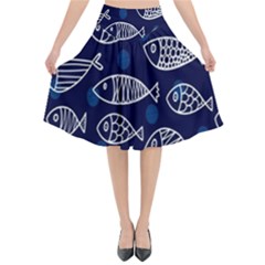 Love Fish Seaworld Swim Blue White Sea Water Cartoons Flared Midi Skirt by Mariart