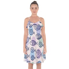 Love Fish Seaworld Swim Blue White Sea Water Cartoons Rainbow Polka Dots Ruffle Detail Chiffon Dress by Mariart