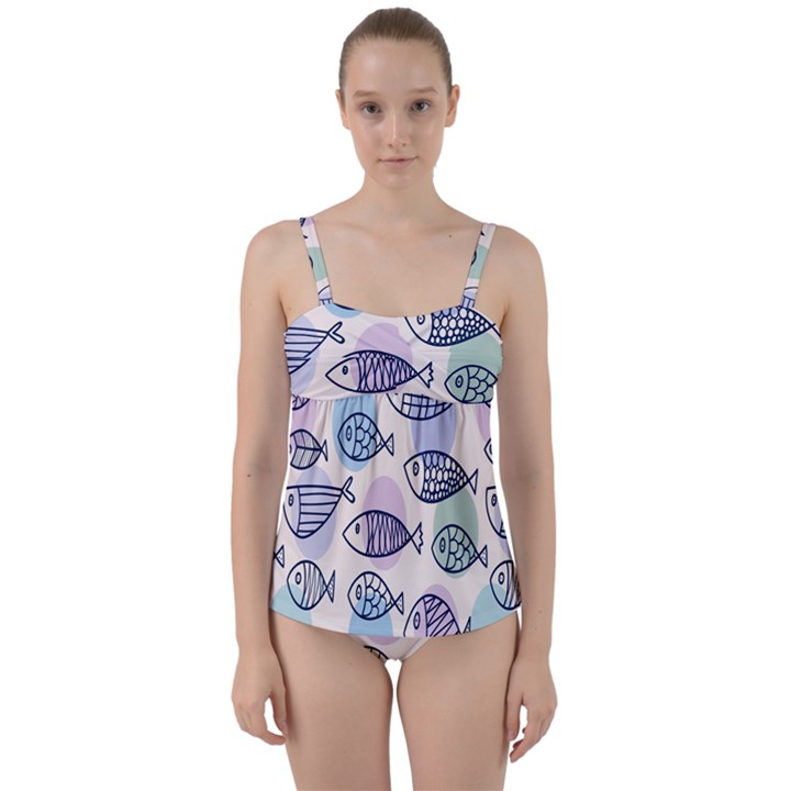 Love Fish Seaworld Swim Blue White Sea Water Cartoons Rainbow Polka Dots Twist Front Tankini Set