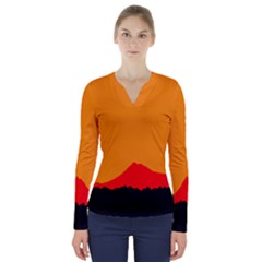 Mountains Natural Orange Red Black V-neck Long Sleeve Top by Mariart