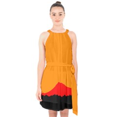 Mountains Natural Orange Red Black Halter Collar Waist Tie Chiffon Dress