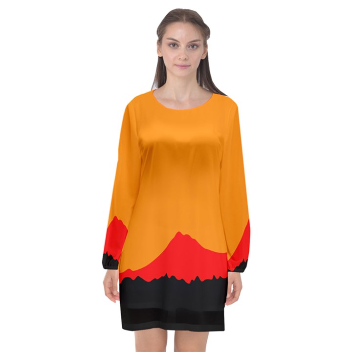 Mountains Natural Orange Red Black Long Sleeve Chiffon Shift Dress 