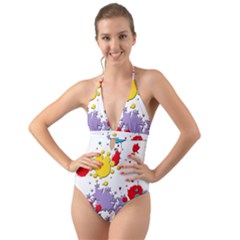 Paint Splash Rainbow Star Halter Cut-out One Piece Swimsuit